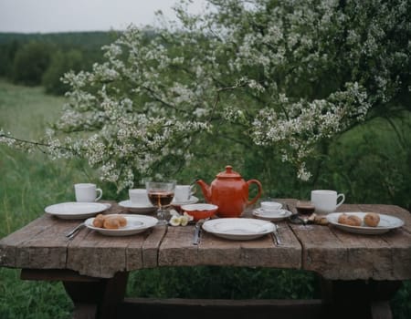 A table with a white tablecloth and a bunch of fruit on it. The table is set for a meal and there are two bottles on the table. Scene is relaxed and inviting. AI generation