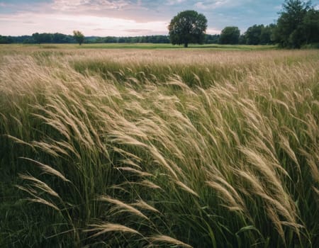 A field of tall grass with a few weeds in it, AI generation