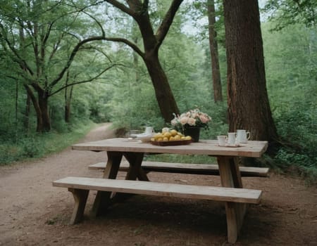 A table with a white tablecloth and a bunch of fruit on it. The table is set for a meal and there are two bottles on the table. Scene is relaxed and inviting. AI generation