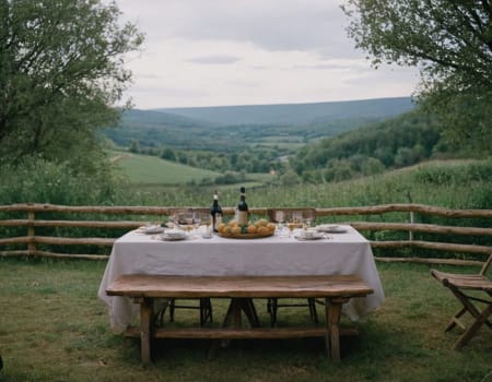 A table with a white tablecloth and a bunch of fruit on it. The table is set for a meal and there are two bottles on the table. Scene is relaxed and inviting. AI generation