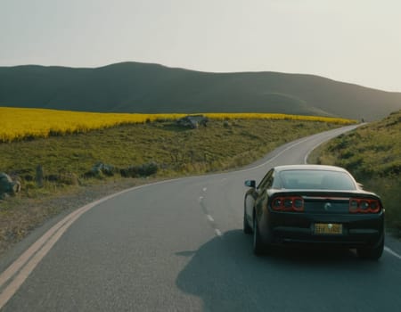 A black car is driving down a road in a field. The car is on a winding road and the driver is looking ahead. Scene is calm and peaceful, as the car is driving through a beautiful, open landscape. AI generation