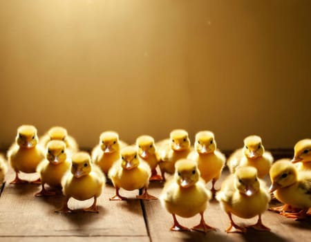 A group of baby ducks are standing in a row. They are all yellow and seem to be looking at the camera. AI generation