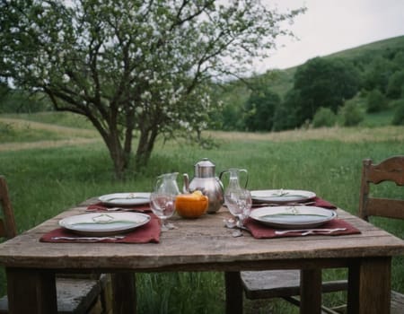 A table with a white tablecloth and a bunch of fruit on it. The table is set for a meal and there are two bottles on the table. Scene is relaxed and inviting. AI generation