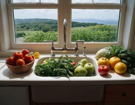 Fresh harvest of summer vegetables in the kitchen sink. AI generation