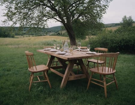 A table with a white tablecloth and a bunch of fruit on it. The table is set for a meal and there are two bottles on the table. Scene is relaxed and inviting. AI generation