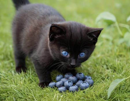 Image of a black kitten on the grass eating blueberries. Generation of AI.