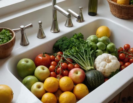 Fresh harvest of summer vegetables in the kitchen sink. AI generation