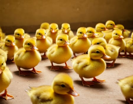 A group of baby ducks are standing in a row. They are all yellow and seem to be looking at the camera.AI generation