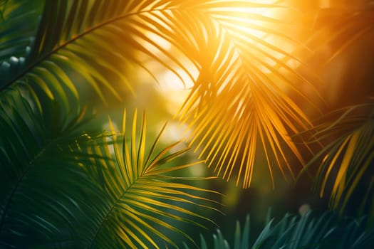 Vibrant sunny backdrop palm leaves with golden sun light. Neural network generated in January 2024. Not based on any actual scene or pattern.