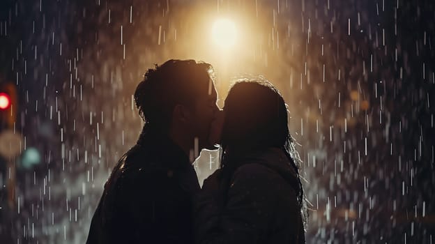 Couple kissing in the rain with back cinematic light. Neural network generated image. Not based on any actual person or scene.