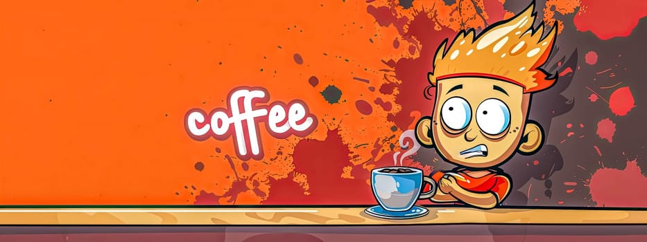 Colorful illustration of a tired cartoon boy with a large cup of coffee on an orange background