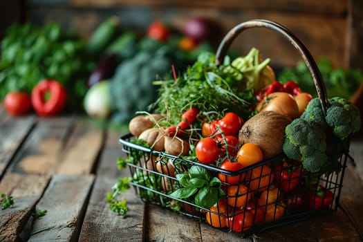 Basket with farm vegetables on an old wooden table.