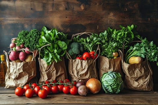 Craft bags with fresh vegetables on a wooden background.