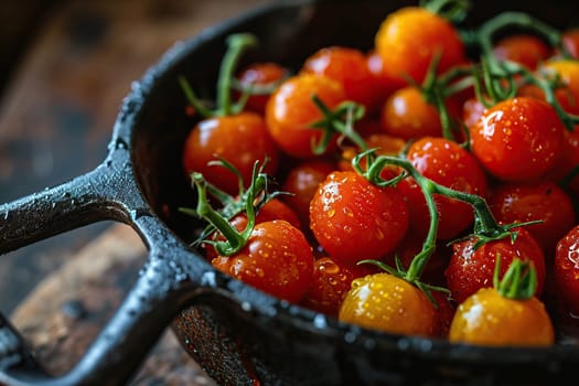 Ripe cherry tomatoes in a frying pan.