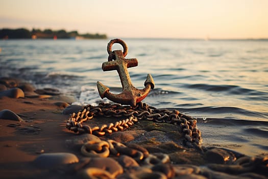 An old rusty anchor lies on the pebble shore.