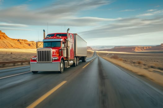 Classic red American long-nose semitruck on a highway. Neural network generated image. Not based on any actual scene or pattern.