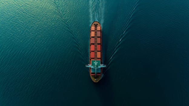 Cargo ship full of standard shipping containers at the sea during shipping at day time. Neural network generated image. Not based on any actual scene or pattern.