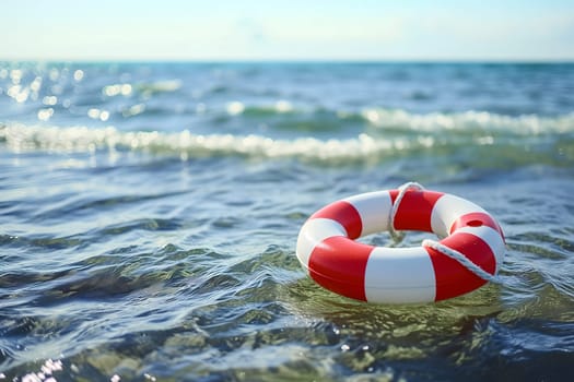 lifebuoy on a beach with surf and clear blue sea in the background. Neural network generated image. Not based on any actual scene or pattern.