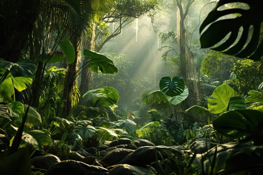 Beautiful view of a tropical forest with sun rays.