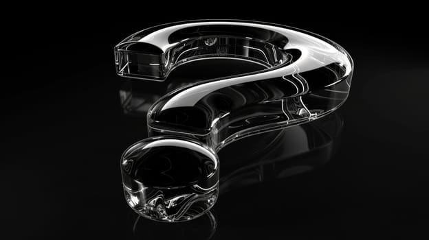 A glass question mark is shown on a black background, 3d illustrator.