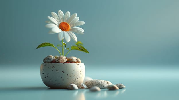 A small white flower is sitting in a small rock, Concept of tranquility and peace.