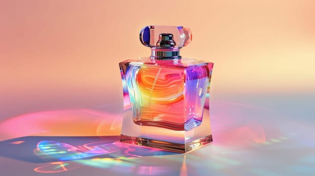 A bottle of perfume with a rainbow colored, The bottle is colorful and has a unique design.