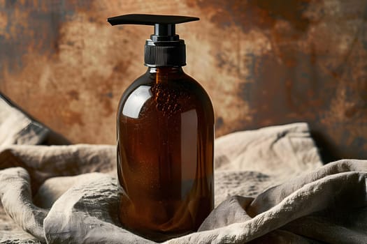 A brown glass bottle with a black pump, typically used for dispensing liquid, is placed on a cloth. The elegant bottle stopper saver adds a touch of art to the wooden door setting