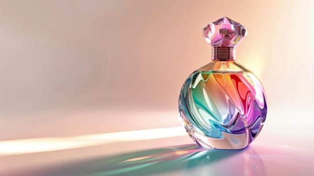 A bottle of perfume with a rainbow colored, The bottle is colorful and has a unique design.