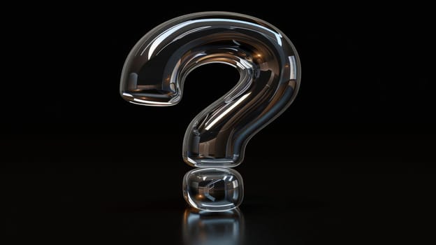 A glass question mark is shown on a black background, 3d illustrator.