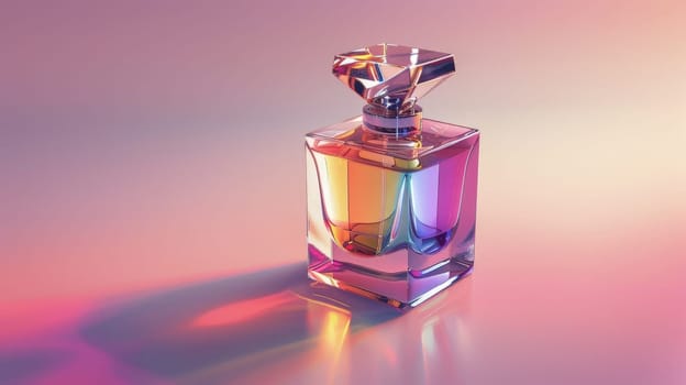A bottle of perfume with a rainbow colored, The bottle is colorful and has a unique design.