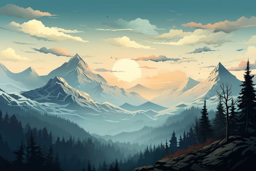 Beautiful illustration of a mountain landscape with a river at sunset or dawn.