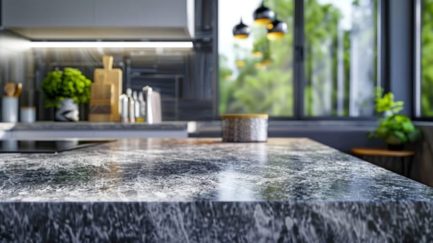 A granite kitchen with a countertop that has a reflection of a sink, New modern kitchen.