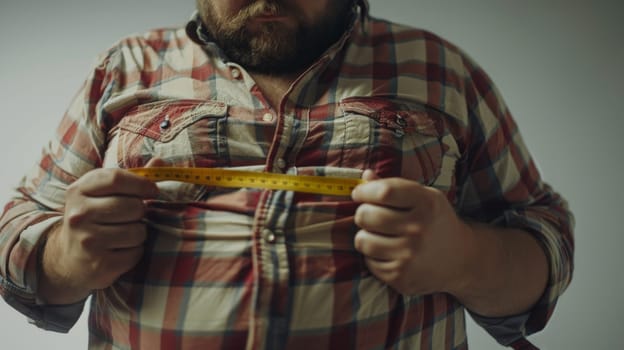 a fat man is using Waist measuring tape to measure his waist, overweight concept.