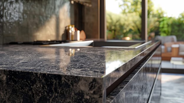 A granite kitchen with a countertop that has a reflection of a sink, New modern kitchen.
