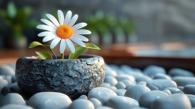 A small white flower is sitting in a small rock, Concept of tranquility and peace.