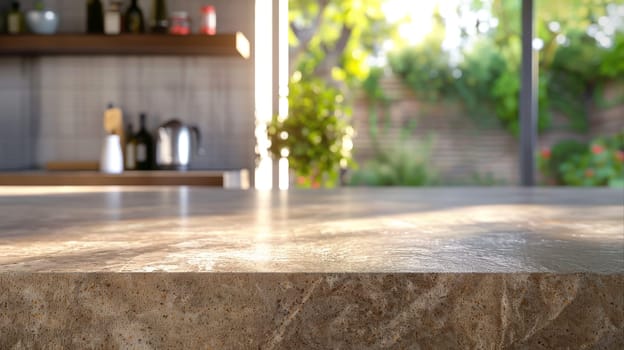 A granite kitchen with a countertop that has a reflection of a sink, New modern kitchen.