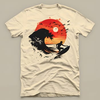 A jersey tshirt featuring a surfer riding a wave at sunset, with an illustration in vibrant colors. Perfect for active wear with a creative touch