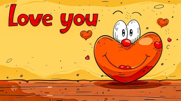 Vibrant cartoon heart with a cheerful face and 'love you' text, perfect for valentine's day