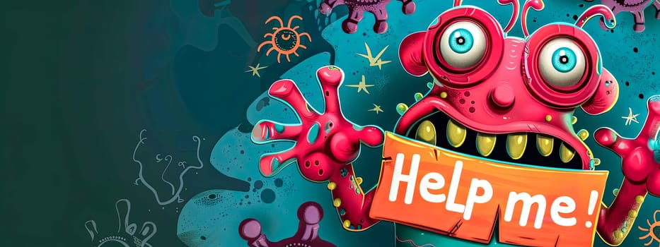 Colorful, quirky cartoon virus illustration with a help me! sign amidst germs