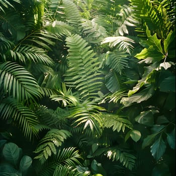 A diverse natural landscape filled with terrestrial plants such as trees, shrubs, and groundcover, including lush green ferns and leaves in a vibrant forest setting