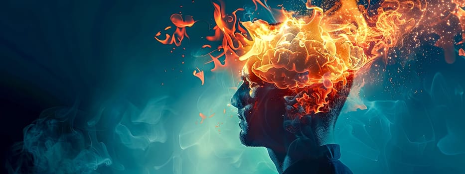 Digital concept art of a person's head with a fiery explosion, symbolizing powerful thinking