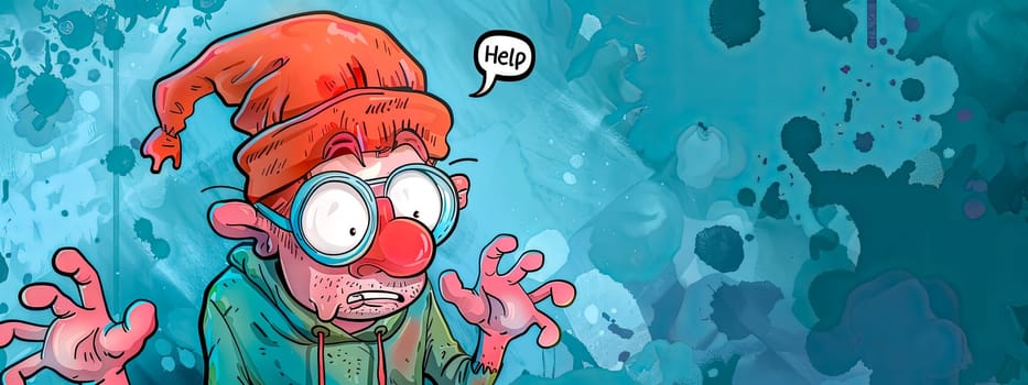Colorful illustration of a worried cartoon man with a help speech bubble on a textured background