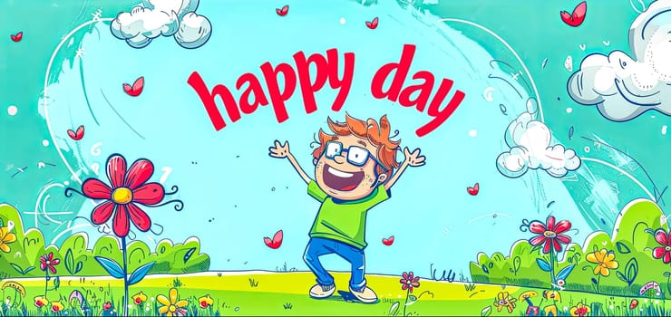 Cartoon of a cheerful child with arms raised in a sunny, flowery field under a bright sky