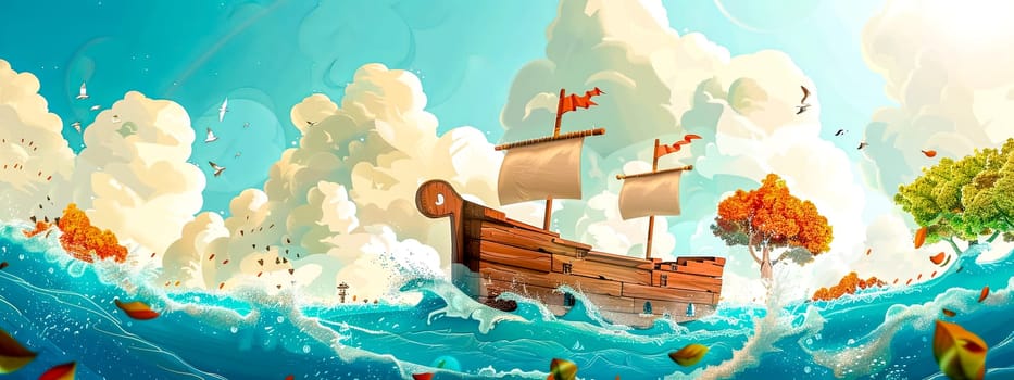 Colorful fantasy illustration showcasing a wooden viking ship on a mystical ocean with flying fish and whimsical clouds