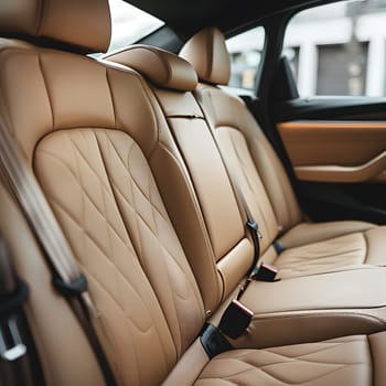 A detailed view inside the vehicle showcasing the back seat with luxurious car seat covers, head restraints, and a window with automotive design