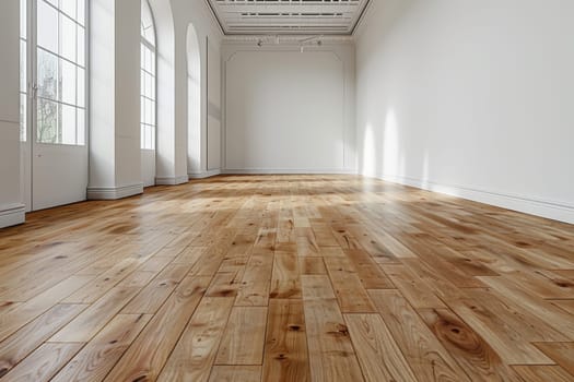 Empty room and wooden floor. Empty room for advertising. Generative AI.