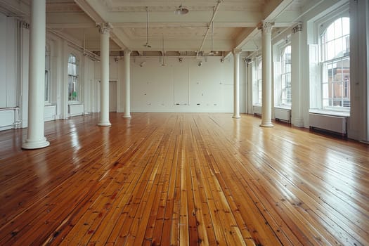 Empty room and wooden floor. Empty room for advertising. Generative AI.