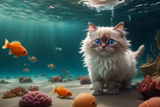 Cute little Ragdoll kitten swims in the sea underwater on the shore .AI generated image.