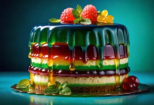 beautiful multi-layer multi-colored jelly cake. AI generated image.
