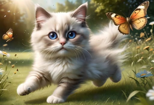a small beautiful cartoon Ragdoll kitten runs across the lawn chasing a butterfly. AI generated image.